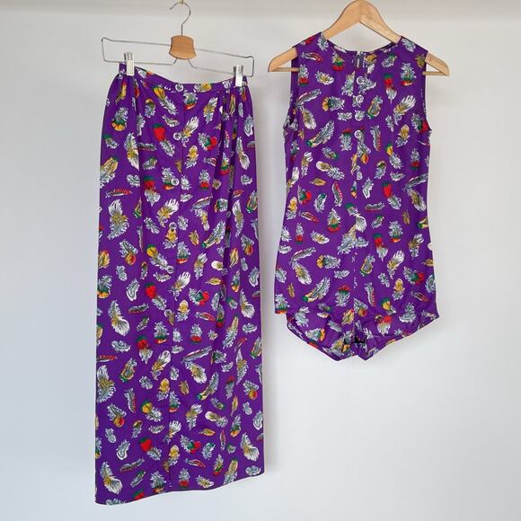 Vintage 70's Feather Sleeveless Bodysuit + Maxi Skirt Sz S Unique Set Boho Retro - Picture 1 of 10